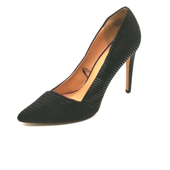 Express Womens Slip On High Heels Black Flocked Stripe Pointed Toe Stiletto 10 - Picture 1 of 9